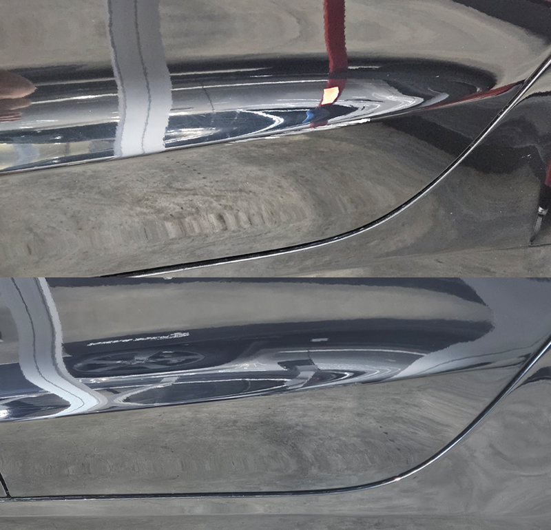 Driver Rear Door Before & After. Deep gouge and major paint loss.