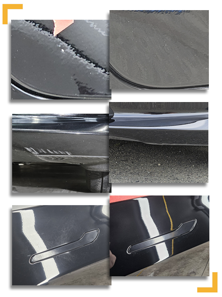 Before and after paint chip repair service. Areas affected are rear quarter panel, lower bumper rash, and door handle scratches.